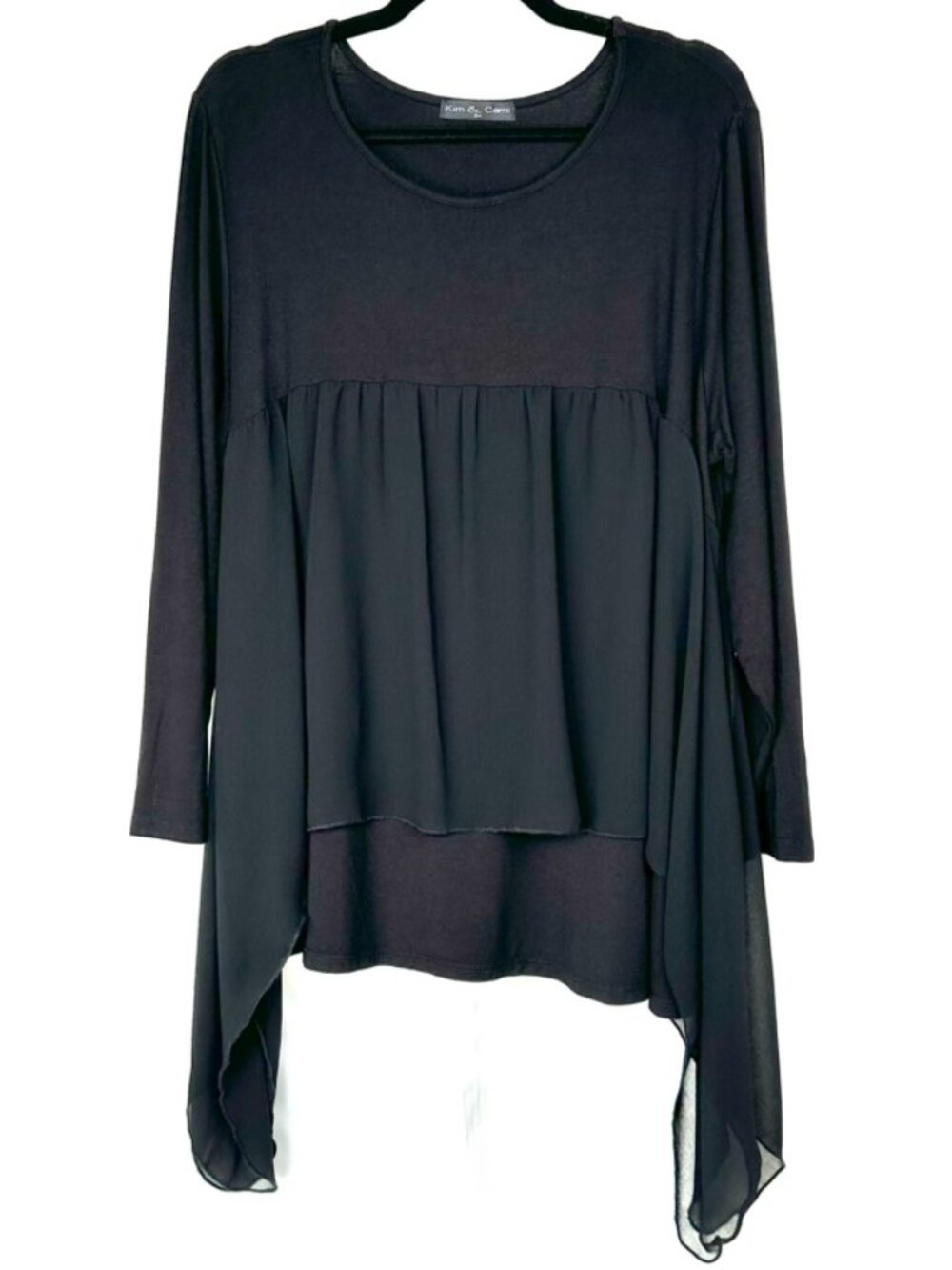Kim & Cami 2X Black Layered Chiffon Tunic Swing Top Asymmetric Babydoll Flowy